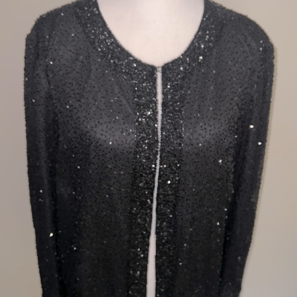Vintage Stenay Woman Silk Black Beaded Open Front Evening Jacket
1X
